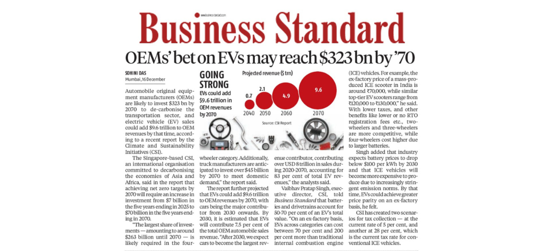 Auto OEMs likely to invest $323 billion by 2070 on EVs: CSI report